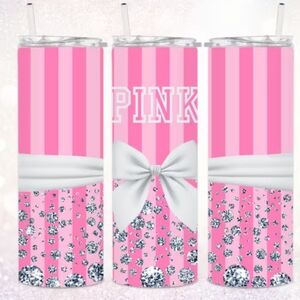 (New) Pink Striped Tumbler with Bow & Diamonds